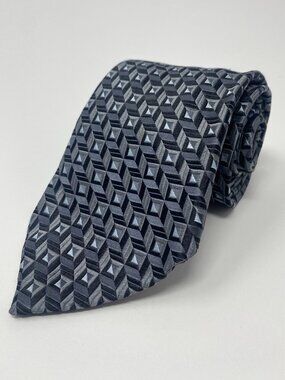 Ermenegildo Zegna Tie Black Silver Geometric Cubes Jacquard Silk Italy Necktie